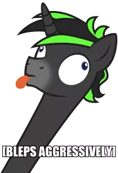 Size: 1219x1784 | Tagged: safe, artist:lightning stripe, derpibooru import, oc, oc:vortex zero, pony, unicorn, :p, black, black coat, blue eyes, caption, derp, horn, image macro, impact font, meme, show accurate, silly, silly face, silly pony, simple background, solo, text, tongue out, transparent background