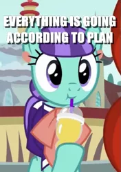 Size: 397x564 | Tagged: safe, derpibooru import, edit, edited screencap, screencap, mixed berry, pony, the parent map, caption, cropped, cute, drink, drinking, image macro, just as planned, sipping, text