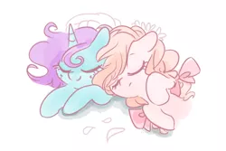 Size: 600x400 | Tagged: safe, artist:pinkablue, derpibooru import, oc, oc:flowering, oc:rosie, earth pony, pony, unicorn, duo, eyes closed, female, floppy ears, mare, shipping, sleeping