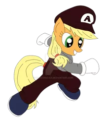 Size: 1024x1178 | Tagged: safe, artist:dragondaak, derpibooru import, applejack, earth pony, pony, clothes, crossover, gloves, hat, mario, nintendo, overalls, shirt, shoes, super mario bros., super smash bros., undershirt