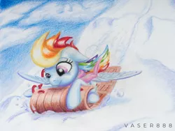 Size: 1500x1125 | Tagged: safe, artist:vaser888, derpibooru import, rainbow dash, pegasus, pony, clothes, cute, dashabetes, female, mare, scarf, sled, smiling, snow, solo, spread wings, traditional art, wings, winter