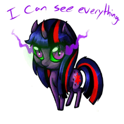 Size: 400x400 | Tagged: safe, artist:sinsays, derpibooru import, part of a set, twilight sparkle, pony, unicorn, ask corrupted twilight sparkle, animated, chibi, color cycling, colored horn, corrupted, corrupted twilight sparkle, curved horn, cute, dark, dark equestria, dark magic, dark queen, dark world, female, gif, horn, i can see everything, magic, part of a series, possessed, queen twilight, shiny, solo, sombra eyes, sombra's horn, tumblr, tyrant sparkle, unicorn twilight