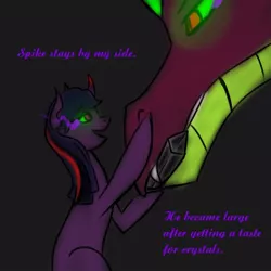 Size: 400x400 | Tagged: safe, artist:sinsays, derpibooru import, part of a set, spike, twilight sparkle, dragon, pony, unicorn, ask corrupted twilight sparkle, colored horn, corrupted, corrupted spike, corrupted twilight sparkle, crystal, curved horn, dark, dark crystal, dark equestria, dark magic, dark queen, dark world, duo, duo male and female, female, horn, magic, male, non-shipping, older, older spike, part of a series, queen twilight, sombra eyes, sombra's horn, tumblr, tyrant sparkle, unicorn twilight