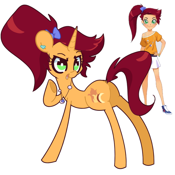 Size: 1280x1280 | Tagged: safe, artist:turtlefarminguy, derpibooru import, ponified, human, pony, unicorn, auriana, clothes, female, hand on hip, jewelry, lolirock, looking at you, looking back, mare, miniskirt, necklace, open mouth, ponytail, shirt, shoes, simple background, skirt, underhoof, white background