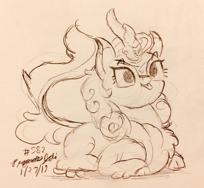 Size: 2298x2125 | Tagged: safe, artist:floofyfoxcomics, derpibooru import, autumn blaze, kirin, sounds of silence, :p, awwtumn blaze, cute, female, monochrome, ponyloaf, prone, silly, solo, tongue out, traditional art