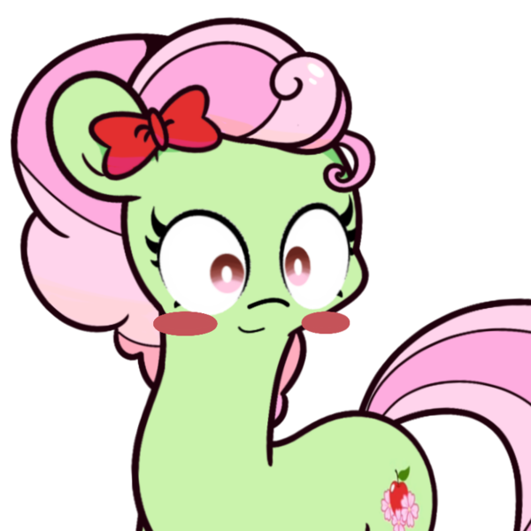 Size: 800x800 | Tagged: safe, artist:turtlefarminguy, derpibooru import, florina tart, earth pony, pony, apple family member, background pony, blush sticker, blushing, bow, cute, female, florinadorable, hair bow, mare, simple background, smiling, solo, transparent background