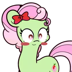 Size: 800x800 | Tagged: safe, artist:turtlefarminguy, derpibooru import, florina tart, earth pony, pony, apple family member, background pony, blush sticker, blushing, bow, cute, female, florinadorable, hair bow, mare, simple background, smiling, solo, transparent background