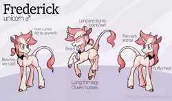 Size: 1023x601 | Tagged: safe, artist:enma-darei, derpibooru import, oc, oc:frederick, classical unicorn, pony, unicorn, bowtie, cloven hooves, leonine tail, male, reference sheet, solo, stallion, unshorn fetlocks