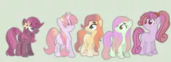 Size: 1024x373 | Tagged: safe, artist:moon-rose-rosie, derpibooru import, oc, unofficial characters only, earth pony, pegasus, pony, unicorn, female, magical lesbian spawn, mare, offspring, parent:applejack, parent:big macintosh, parent:fluttershy, parent:marble pie, parent:pinkie pie, parent:princess cadance, parent:rainbow dash, parent:rarity, parent:shining armor, parents:flutterarmor, parents:marblemac, parents:pinkiedash, parents:rarijack, parents:shiningcadance, simple background