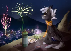 Size: 2110x1500 | Tagged: safe, artist:lonerdemiurge_nail, derpibooru import, oc, oc:midnight serenity, bat pony, hybrid, pegasus, pony, blanket, buns, clothes, fangs, fireworks, food, picnic, picnic blanket, scarf, smiling, solo, tea, thermos