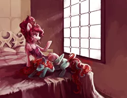 Size: 3300x2550 | Tagged: suggestive, artist:graypaint, derpibooru import, oc, oc:coquette freckles, oc:coquette pepper, unofficial characters only, pony, bed, clothes, duo, female, implied lesbian, implied sex, lingerie, mare, window