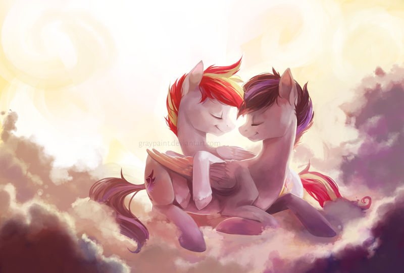 Size: 3508x2376 | Tagged: safe, artist:graypaint, derpibooru import, oc, oc:scribble, pegasus, pony, cloud, duo, snuggling