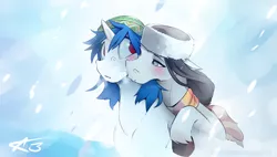 Size: 3723x2120 | Tagged: safe, artist:icychamber, derpibooru import, octavia melody, vinyl scratch, earth pony, pony, unicorn, beanie, blushing, clothes, female, floppy ears, hat, kiss on the cheek, kissing, lesbian, looking at each other, mare, missing accessory, red eyes, scarf, scratchtavia, shipping, snow, snowfall, wrong eye color