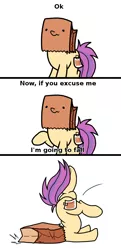 Size: 700x1450 | Tagged: safe, artist:paperbagpony, derpibooru import, oc, oc:paper bag, unofficial characters only, earth pony, pony, butt, comic, dialogue, face down ass up, faceplant, faint, falling, flop, ok, paper bag, plot, raised hoof, silly, simple background, smiling, standing, text, underhoof, wavy mouth, white background