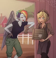 Size: 1250x1300 | Tagged: safe, artist:dcon, derpibooru import, applejack, rainbow dash, human, equestria girls, the cutie re-mark, alternate timeline, amputee, angry, anime, apocalypse dash, applecalypsejack, appledash, artificial wings, augmented, clothes, cross-popping veins, crystal war timeline, ear piercing, earring, equestria girls interpretation, female, freckles, gloves, hairnet, humanized, jewelry, lesbian, open mouth, pants, piercing, prosthetic limb, prosthetic wing, prosthetics, scene interpretation, shipping, shirt, spider web, tree, undercut, winged humanization, wings, wood