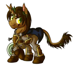 Size: 1280x1088 | Tagged: safe, artist:hywther, derpibooru import, oc, classical unicorn, pony, unicorn, ponyfinder, armor, cape, clothes, cloven hooves, diadem, dungeons and dragons, ear fluff, leonine tail, pen and paper rpg, rpg, scar, smiling, smirk, sorcerer, sword, targe shield, unshorn fetlocks, vine, weapon
