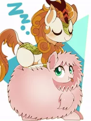 Size: 768x1024 | Tagged: safe, artist:erufi, derpibooru import, autumn blaze, oc, oc:fluffle puff, kirin, pony, sounds of silence, spoiler:s08, :p, :t, abstract background, awwtumn blaze, behaving like a cat, blushing, colored pupils, cute, duo, eyes closed, female, fluffy, frown, if i fits i sits, looking up, mare, onomatopoeia, prone, silly, sleeping, sound effects, tongue out, zzz