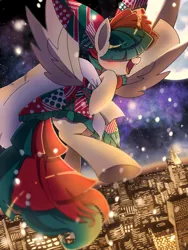 Size: 768x1024 | Tagged: safe, artist:erufi, derpibooru import, songbird serenade, pegasus, pony, my little pony: the movie, blushing, city, cityscape, clothes, cute, dress, everyday is christmas, female, happy, mare, moon, sia (singer), snow, solo, underhoof, voice actor reference