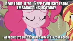 Size: 600x338 | Tagged: safe, derpibooru import, edit, edited screencap, screencap, pinkie pie, sunset shimmer, equestria girls, friendship games, pinkie pie praying, simpsons did it, the simpsons