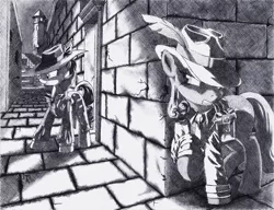 Size: 1600x1228 | Tagged: safe, artist:philo5, derpibooru import, cheerilee, rarity, pony, black and white, clothes, detective rarity, feather, feather hat, grayscale, hat, monochrome, noir, story in the source