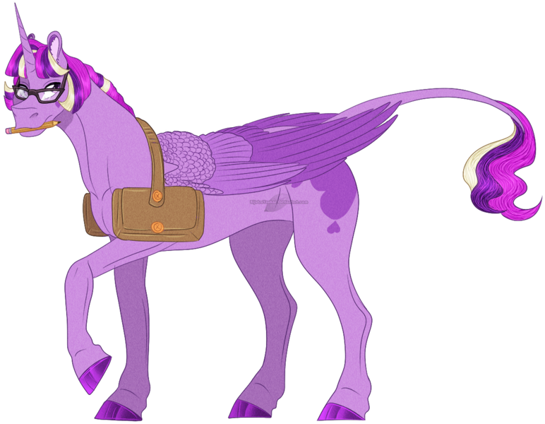 Size: 1200x933 | Tagged: safe, artist:bijutsuyoukai, derpibooru import, oc, alicorn, pony, bag, female, glasses, leonine tail, magical lesbian spawn, mare, offspring, parent:princess cadance, parent:twilight sparkle, parents:twidance, saddle bag, simple background, solo, transparent background