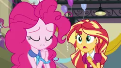 Size: 1920x1080 | Tagged: safe, derpibooru import, screencap, mystery mint, pinkie pie, sunset shimmer, equestria girls, friendship games, bracelet, jewelry, necktie, pinkie pie praying