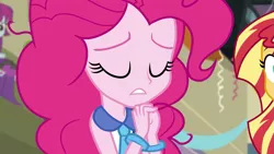 Size: 1329x748 | Tagged: safe, derpibooru import, screencap, mystery mint, pinkie pie, sunset shimmer, equestria girls, friendship games, bracelet, cropped, jewelry, meme origin, necktie, pinkie pie praying