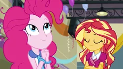 Size: 1920x1080 | Tagged: safe, derpibooru import, screencap, mystery mint, pinkie pie, sunset shimmer, equestria girls, friendship games, bracelet, jewelry, necktie, pinkie pie praying