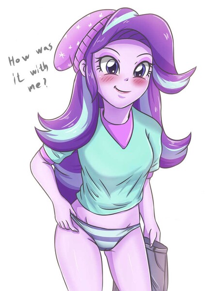 Size: 751x1024 | Tagged: suggestive, artist:sumin6301, derpibooru import, edit, starlight glimmer, equestria girls, mirror magic, spoiler:eqg specials, beanie, blushing, breasts, cameltoe, clothes, female, hat, panties, pants, smiling, solo, striped underwear, stupid sexy starlight glimmer, underwear