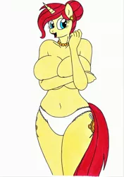 Size: 2453x3494 | Tagged: suggestive, artist:killerteddybear94, derpibooru import, oc, oc:golden brooch, anthro, unicorn, adorasexy, anthro oc, belly button, big breasts, both cutie marks, breasts, busty golden brooch, clothes, covered nipples, covering, covering breasts, cute, cutie mark, ear piercing, earring, female, hair bun, huge breasts, impossibly large breasts, jewelry, lipstick, mare, milf, necklace, open mouth, panties, partial nudity, piercing, plump, sexy, slightly chubby, smiling, solo, solo female, topless, traditional art, underwear, white underwear