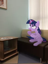 Size: 2448x3264 | Tagged: safe, artist:albertuha, derpibooru import, twilight sparkle, pony, unicorn, couch, female, hospital, irl, mare, photo, ponies in real life, sitting, solo, underhoof, unhappy, unicorn twilight