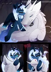 Size: 2480x3508 | Tagged: suggestive, artist:magnaluna, derpibooru import, princess luna, oc, oc:zefiroth, unofficial characters only, alicorn, pony, alternate design, alternate hairstyle, biting, blood, comic, ear bite, eyes closed, female, implied cunnilingus, implied oral, implied sex, licking, male, mare, nom, one eye closed, straight, tongue out