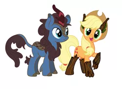 Size: 915x665 | Tagged: safe, derpibooru import, edit, editor:proto29, applejack, oc, oc:whystral, kirin, original species, pony, timber pony, timber wolf, cloven hooves, cute, duo, engrish in the description, fangs, female, jackabetes, kirin oc, looking at each other, mare, shipping, simple background, species swap, timber wolfified, timberjack, transformation, white background