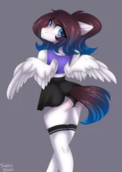 Size: 2763x3894 | Tagged: anthro, artist:sukiskuki, clothes, commission, crossdressing, cute, derpibooru import, femboy, inconvenient tail, looking at you, looking back, looking back at you, male, oc, oc:ice energy, pegasus, ponytail, skirt, skirt lift, socks, solo, solo male, suggestive, thigh highs, thighs, underwear, unofficial characters only, ych result