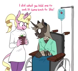 Size: 699x637 | Tagged: safe, artist:redxbacon, derpibooru import, oc, oc:eureka, oc:parch well, unofficial characters only, anthro, unicorn, anthro oc, clothes, dialogue, female, looking down, open mouth, plant, simple background, smiling, wheelchair, white background