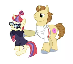 Size: 1134x1002 | Tagged: safe, derpibooru import, edit, editor:proto29, donut joe, moondancer, pony, clothes, female, male, moondonut, shipping