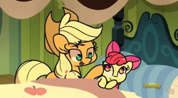 Size: 1280x707 | Tagged: safe, artist:turtlefarminguy, derpibooru import, edit, edited screencap, screencap, apple bloom, applejack, big macintosh, pony, bloom and gloom, apple siblings, apple sisters, applejack's hat, bedroom, bow, brother and sister, comforting, cowboy hat, cute, discovery family logo, female, filly, freckles, hair bow, hat, lullaby, mare, open mouth, pillow, scene interpretation, siblings, sisters