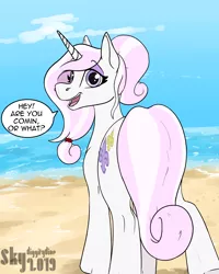 Size: 2400x3000 | Tagged: safe, artist:skydiggitydive, derpibooru import, fleur-de-lis, pony, unicorn, beach, female, looking at you, looking back, mare, ponytail, scrunchie, solo, speech bubble, talking to viewer, text