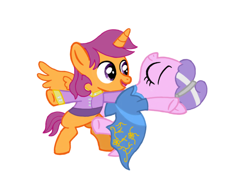 Size: 1024x768 | Tagged: safe, artist:turnaboutart, derpibooru import, edit, diamond tiara, scootaloo, alicorn, earth pony, pony, alicornified, alternate hairstyle, bipedal, clothes, dancing, dress, female, hairband, half r63 shipping, lesbian, male, race swap, rule 63, scootacorn, scooteroll, scootiara, shipping, skatercorn, skatiara, straight, suit, underhoof
