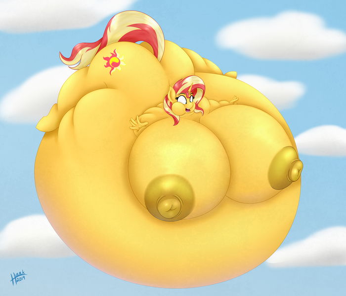 Size: 5000x4284 | Tagged: questionable, artist:09hankris, derpibooru import, sunset shimmer, anthro, unguligrade anthro, unicorn, absurd resolution, areola, ass, belly, big belly, big breasts, breasts, busty sunset shimmer, butt, cloud, female, huge belly, huge breasts, huge butt, impossibly large belly, impossibly large breasts, impossibly large butt, impossibly large nipples, inflation, large butt, nipples, nudity, open mouth, puffy cheeks, sky, solo, solo female