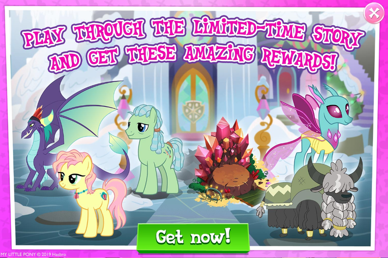 Size: 1036x688 | Tagged: safe, derpibooru import, official, beachcomber (g4), gaius (dragon), high tide (g4), spiracle, changedling, changeling, dragon, earth pony, pony, yak, the hearth's warming club, advertisement, female, gameloft, limited-time story, male, mare, stallion, yona's grandpa