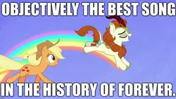 Size: 1920x1080 | Tagged: safe, derpibooru import, edit, edited screencap, screencap, applejack, autumn blaze, kirin, pony, sounds of silence, a kirin tale, caption, image macro, rainbow, song, text