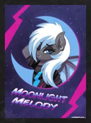 Size: 1200x1622 | Tagged: safe, artist:ciderpunk, derpibooru import, oc, oc:moonlight melody, unofficial characters only, bat pony, pony, 80s, ear piercing, earring, jewelry, piercing, synthwave