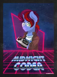 Size: 1200x1622 | Tagged: safe, artist:ciderpunk, derpibooru import, oc, oc:midnight coder, unofficial characters only, pony, unicorn, 80s, glasses, hackerman, power glove, synthwave