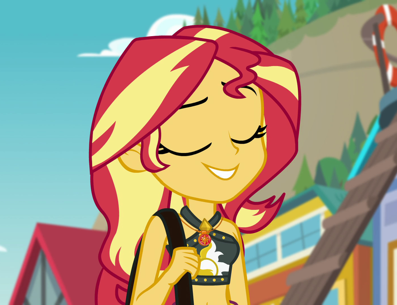 Size: 1406x1080 | Tagged: safe, derpibooru import, screencap, sunset shimmer, equestria girls, equestria girls series, forgotten friendship, belly button, bikini, bikini babe, clothes, cropped, eyes closed, female, geode of empathy, magical geodes, midriff, sleeveless, smiling, solo, swimsuit