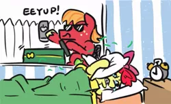 Size: 815x498 | Tagged: safe, artist:jargon scott, derpibooru import, apple bloom, big macintosh, earth pony, pony, 30 year old boomer, alarm clock, bed, bedroom, blanket, boomer, clock, crying, dialogue, eeyup, female, filly, lawn mower, male, meme, mobile phone, phone, pillow, ponified meme, smartphone, stallion, sunglasses, teary eyes