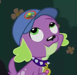 Size: 401x386 | Tagged: safe, derpibooru import, screencap, spike, spike the regular dog, dog, equestria girls, legend of everfree, camp everfree logo, cap, cropped, cute, hat, male, smiling, solo, spikabetes