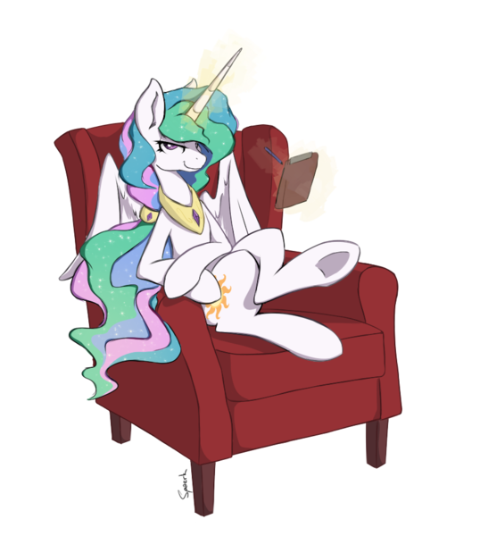 Size: 846x944 | Tagged: safe, artist:spaerk, derpibooru import, edit, princess celestia, alicorn, pony, chair, crossed legs, female, glowing horn, horn, leaning back, levitation, looking at you, magic, mare, notepad, pen, psychologist, simple background, sitting, smug, smuglestia, solo, telekinesis, transparent background, underhoof, writing