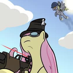 Size: 2560x2560 | Tagged: safe, artist:phat_guy, derpibooru import, derpy hooves, fluttershy, pegasus, pony, cloud, female, ghostly gibus, gibus, gun, hat, helmet, hoof hold, impending doom, low angle, mare, market gardener, oblivious, pyrovision goggles, rifle, rocket jump, shovel, smiling, sniper, sniper rifle, soldier, sun, team fortress 2, the classic, weapon