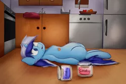 Size: 1500x1000 | Tagged: safe, artist:rainyvisualz, derpibooru import, minuette, pony, unicorn, apple, belly, cookie, cookie jar, crumbs, derp, empty jar, female, food, kitchen, laying on floor, lying down, mare, orange, solo, stomach noise, stuffed